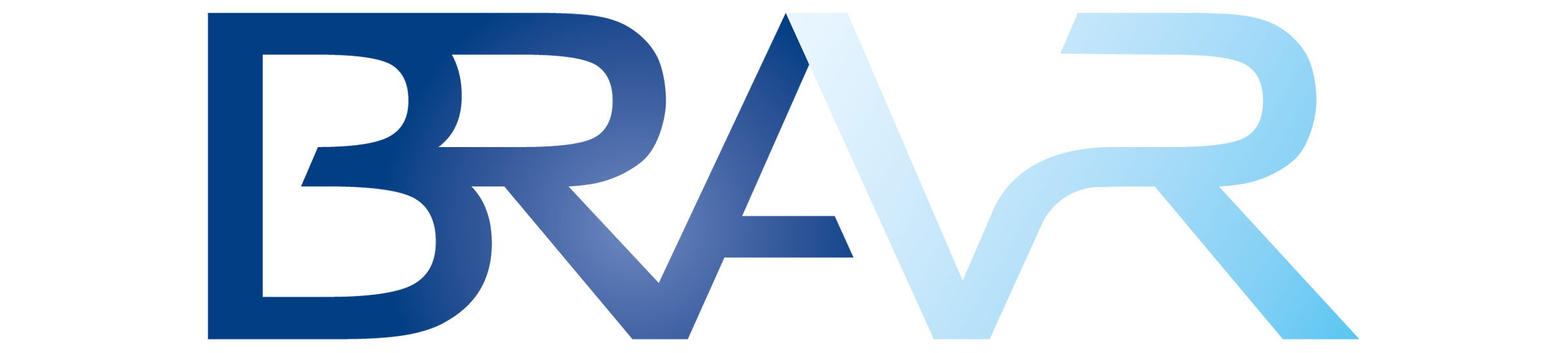 BRAVR The BRAVR logo. The letters BRA are in a dark royal blue color. The letters VR in a white satin effect bleeding to a cool sky grey.